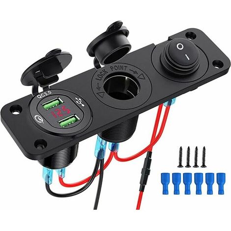 RHG Prise USB 12v Encastrable,Prise Allume Cigare 12v,Qc 3.0 12V Double Chargeur USB,Panneau de Prise Allume-Cigare,Interrupteur à Bascule Lumineux pour Bateaux, Remorques,Voitures,Bus,Noir (1/5)