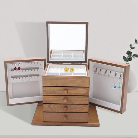 Gojoy – Boîte à bijoux vintage en bois de cerisier 5 couches – Rangement pour lunettes de soleil, montres, boucles d'oreilles, bagues – Cadeau élégant