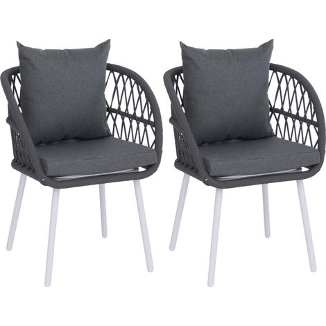 [NEUWERTIG] 2er-Set Gartenstuhl HHG-393, Gartensessel Armlehne, Aluminium Seilgeflecht Rope Gestell hellgrau, Polster anthrazit