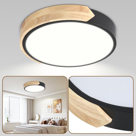 TolleTour Lámpara de Techo LED Madera Regulable 48W 30cm Negro con Mando a Distancia 3000K-6000K Plafón Redondo