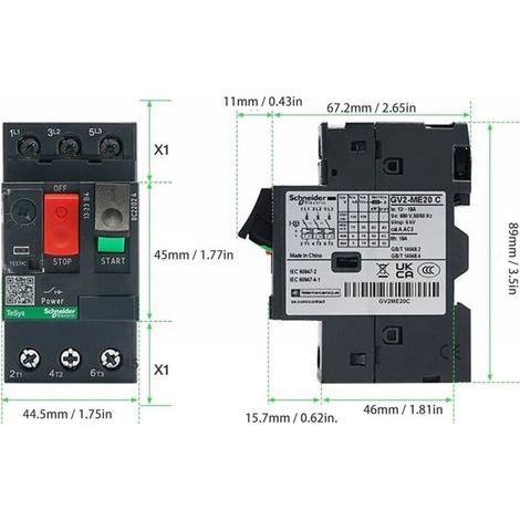 Interrupteurs de Protection de Moteur, Disjoncteur Magnétique Thermique, Protection contre les Surcharges sur Rail de 35mm, AC 690V (GV2-ME07 1,6-2,5A) (1/4)