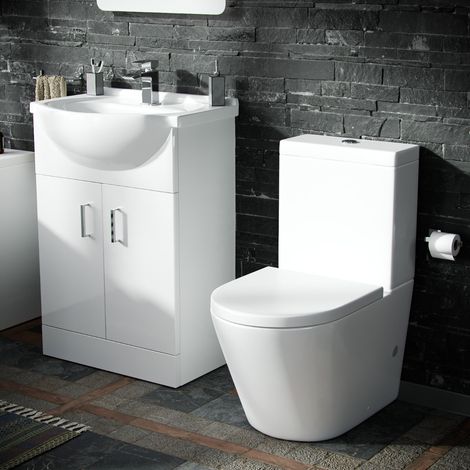 Dyon 550mm Floor Standing Basin Flat Pack Vanity Unit White & Rimless Close Coupled Toilet White (1/5)