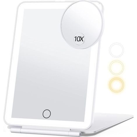 10X Magnification Travel Makeup Mirror, Vanity Mirror with 3 Colors Light, Portable Makeup Mirror with Light (White) (1/4)