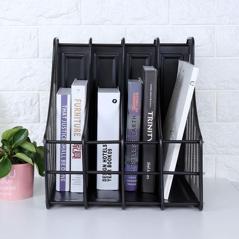 Présentoir/organiseur vertical en métal à 4 emplacements pour magazines et livres, idéal pour le bureau, la maison ou l'école. (1/5)