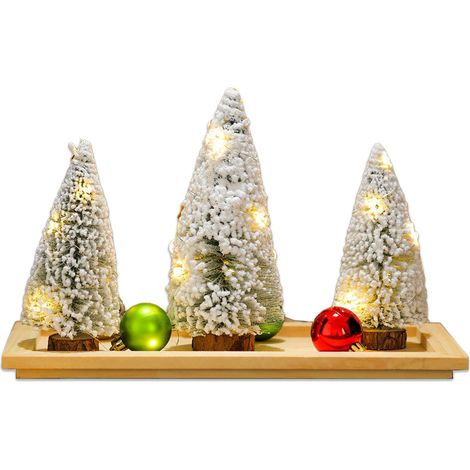 Ensemble de 3 Mini Sapins de Noël Artificiels LED avec Socle en Bois et Neige, Décoration de Table Blanche 33cm (1/5)