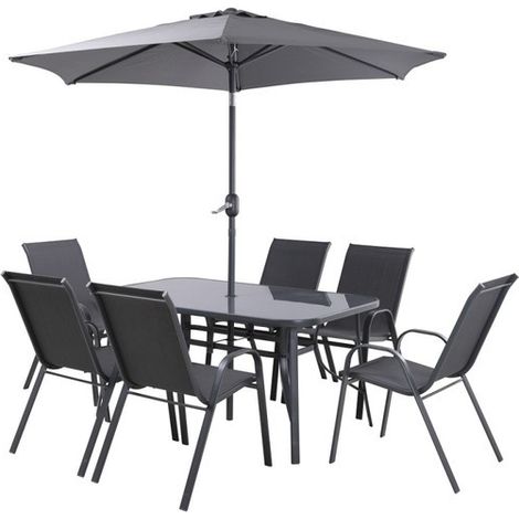 Conjunto de Exterior Essenciel Green Sormiou en Acero y Textilene Negro para 6 Personas  1 Mesa, 1 Parasol y 6 Sillas (1/5)