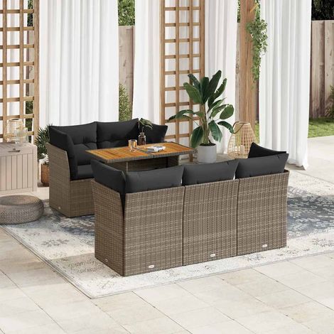 Canapé d'extérieur 6 places avec table et coussins, résine tressée grise (1/5)
