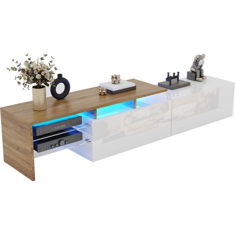 CHICFURN Mueble TV 170 x 33 x 33,5 cm blanco y madera, estantes de vidrio, LED (1/5)