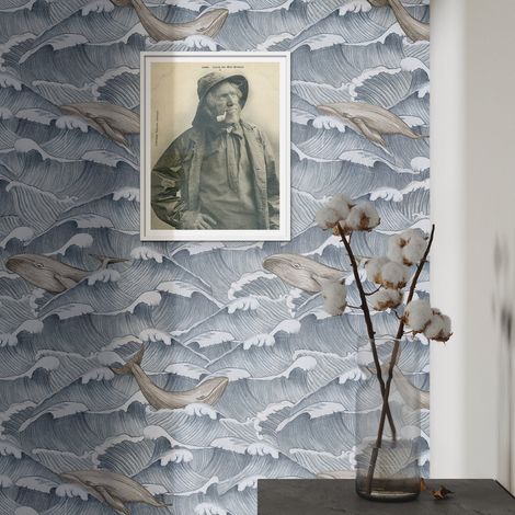 Carta da Parati Mare Vintage con Onde e Balene in Fogli di Carta, 250x200cm (1/5)