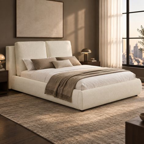 Cama con canapé 160x200 cm de tela bouclé beige, sin colchón -FLORAGRACE (1/5)