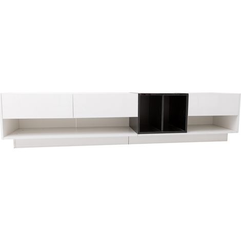 Mueble TV bajo de aglomerado blanco brillo y negro con 3 cajones y 2 huecos abiertos (1/5)
