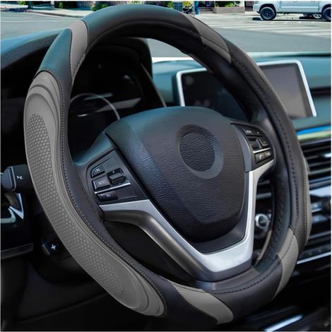 15-Zoll-Lenkradbezug aus echtem Leder, elastisch, atmungsaktiv, weicher, rutschfester Lenkradschutz, geeignet für Männer und Frauen, passend für SUVs, LKWs, Pkw und Wohnmobile (grau).
