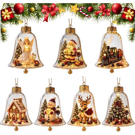 Juego de 7 adornos luminosos navideños: mini luces nocturnas esféricas con forma de escena navideña, de 8 cm, irrompibles, para colgar en el árbol, la chimenea, la corona, la habitación de los niños o (1/5)