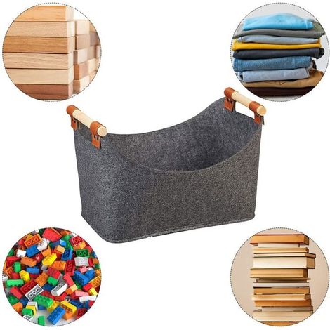 Cesta para leña, cesta de almacenamiento, bolsa para leña con asa de madera reforzada, cesta de fieltro, 40x27x22cm