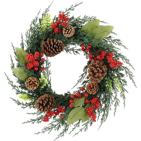 Couronne de porte Noël 50 cm, Couronne de Noël, Couronne artificielle avec pommes de pin et boules de Noël, Couronne de l'Avent, Décoration de Noël, Décoration de porte d'entrée, Vert foncé et (1/5)