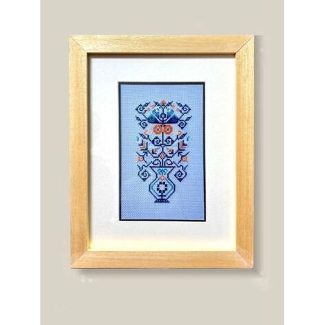 Dekoratives Stickbild – Traditionelle chinesische Handstickerei – Rote Blumen auf blauem Hintergrund mit Massivholzrahmen 27x34 (1/5)