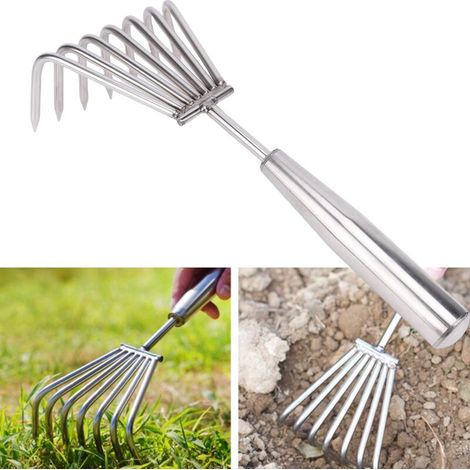 Râteau à main en acier inoxydable, petit râteau de plage avec poignée confortable et 7 dents robustes pour le jardinage et autres usages.