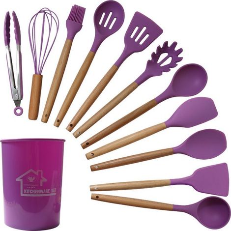 Set di 12 utensili da cucina in silicone, senza BPA, con posate in legno, rivestimento antiaderente e contenitore color kaki. (1/3)