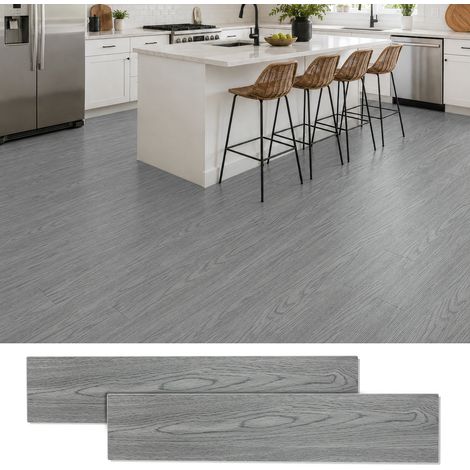 Lames PVC clipsables, 18 pièces, surface env. 1,47 m2, épaisseur 4 mm, effet bois, salon cuisine bureau, Gris (1/5)