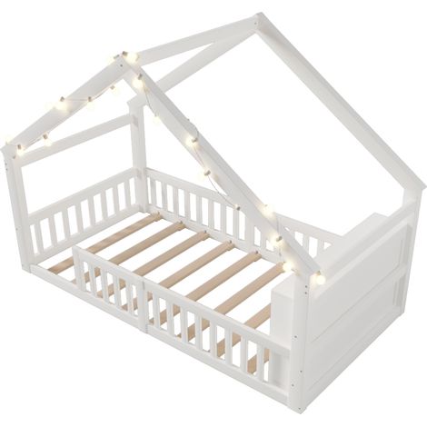 Cama cabaña infantil 90 x 190 cm con barreras de seguridad, madera de pino blanco, MODENUIT (1/5)