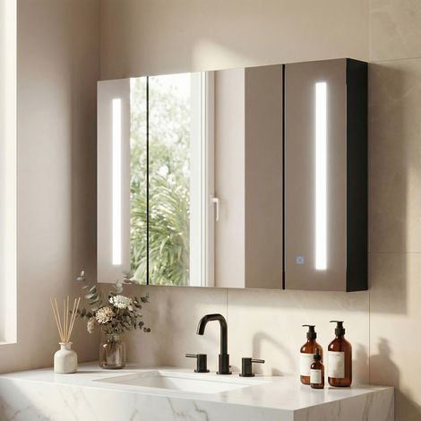 Armoire de toilette murale en MDF avec miroir, 3 placards, 3 étagères et éclairage LED. 90 x 15 x 65 cm. Noir.