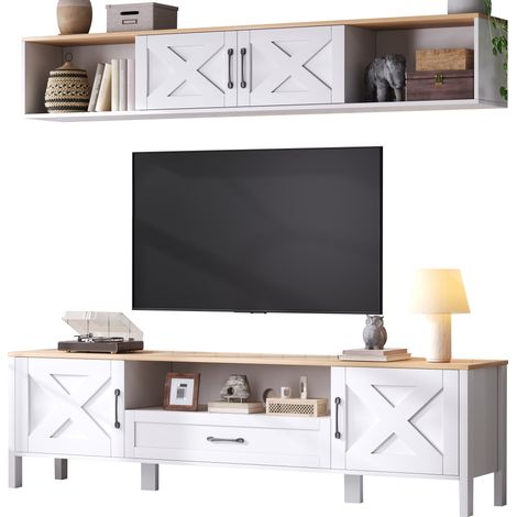 Ensemble meuble TV mural 180x40x50cm(lot complet 2 pièces)–meuble TV + vitrine murale suspendue, set meuble TV pour salon avec 4 placards et 1 tiroir,adapté aux téléviseurs jusqu’à 80 pouces,blanc