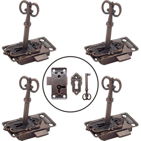 CSPARKV 4 Stück Antikes Schloss und Schlüssel, klassisches Vintage-Schranktürschloss, dekoratives Möbelschloss für Briefkästen, Schließfächer, Schränke, Werkzeugkästen (Rotbronze)