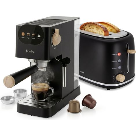 Briebe SKT1221BLK Nordic Set Cafetera 20 Bares Cápsulas, Café Molido Espumador Leche Tostadora 2 Rebanadas Anchas 1350W Negro (1/5)