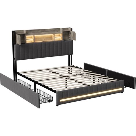 Lit coffre140x190, Lit Double pour Adultes avec 2 tiroirs, tête de lit coffre en lin et 2 Portes, Lit rembourré 2 Personnes, avec LED et USB, lin, Gris, sans matelas (1/5)