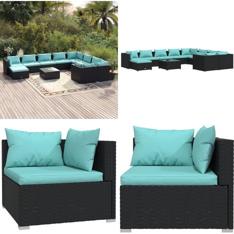 11-tlg. Garten-Lounge-Set mit Kissen Poly Rattan Schwarz - Gartengeräte - Gartenmöbel - Loungemöbel - Outdoor Möbel - Rattanmöbel - Home & Living (1/5)