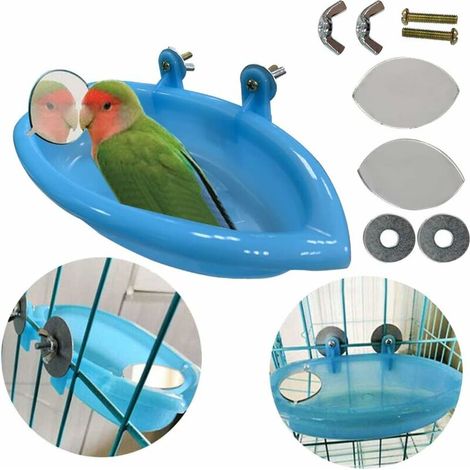 Bain d'oiseaux suspendu, mangeoire avec douche et miroir, pour une alimentation organisée des oiseaux en cage, dans les jardins ou en élevage domestique.-AquaForge (1/5)