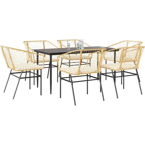 Ensemble à manger jardin coussins 7 pcs-Salon de jardin marron poly rotin verre 438311 (1/5)