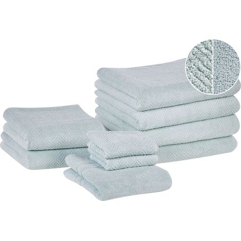 Conjunto de 9 toallas de algodón verde menta chevron textura suave baño Mitiaro (1/5)