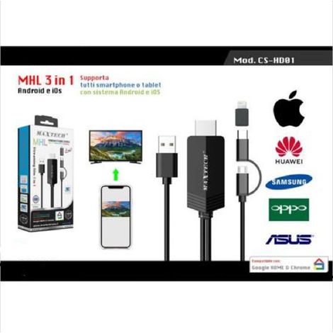 Trade Shop - CAVO 3IN1 MHL STREAMING MICRO USB TYPE-C LIGHTNING FÜR ANDROID IOS MAXTECH CS-HD01 -