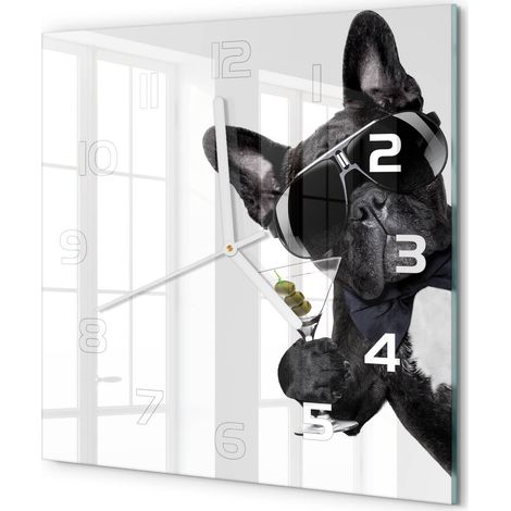 Horloge Murale Carrée Intérieur en Verre Silencieuse Moderne Toute Pièce Chien martini 30x30 cm (1/5)