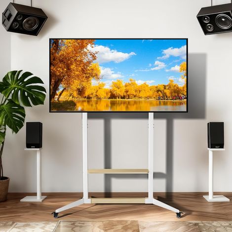 Supporto TV da Pavimento con Ruote per 40-100 Pollici Fino a 100 kg Ripiano in Legno Altezza Regolabile Max VESA 800x600mm, Bianco