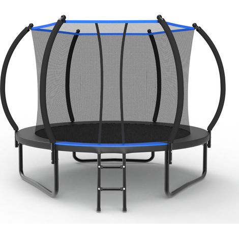 Cama elástica redonda de jardín Ø 305 cm con red de seguridad y escalera, negro y azul, OKWISH (1/2)
