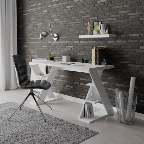 Decortie Papillon Modern Desk With Bookshelf Legs Width 137cm - White (1/3)
