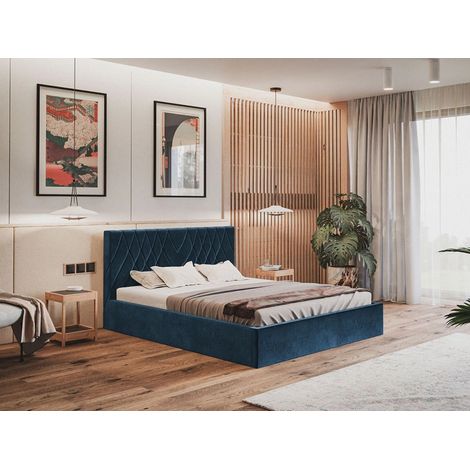 Lit rembourré avec rangement 160x200 velours bleu Andri (1/4)