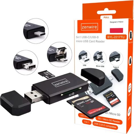 Adaptateur lecteur de carte SD 5 en 1 Micro USB USB-C OTG Zenwire BYL-2217TU