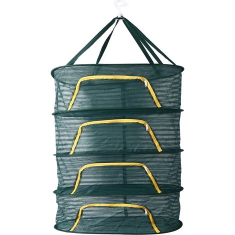 Séchoir à herbes 4 étages avec fermeture éclair en U, maille fine élastique, pliable et de couleur vert foncé pour plantes, herbes et graines. (1/5)