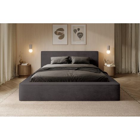 Lit coffre DENALI – Anthrazitgrau – 140x200 cm – Weicher Samtstoff – Lattenrost hochklappbar – Integrierter Stauraum