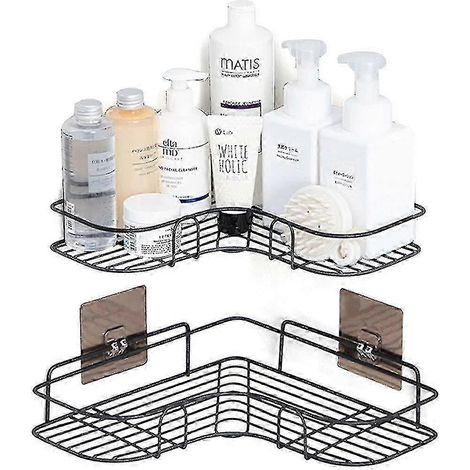 Ensemble d'étagères d'angle de salle de bain en deux parties avec autocollants, cuisine en acier inoxydable noir (1/5)
