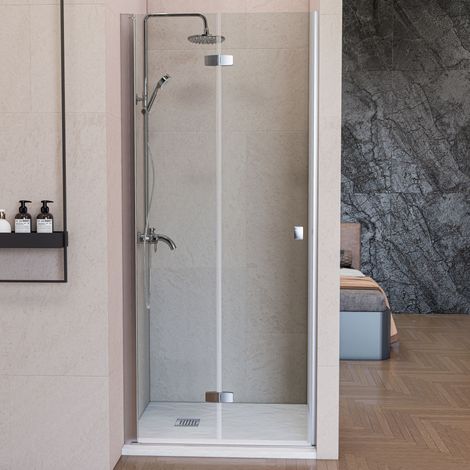 Mampara de Ducha Frontal Plegable 100 cm Cromo Brillo Cristal Transparente Antical 6mm Reversible Apertura Interior/Exterior 200cm Alto
