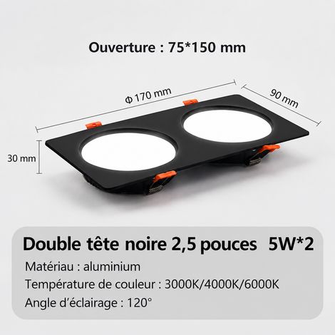Spot LED encastrable double tête 2x5W ultra-plat 3 cm noir lumière blanche 6000K 5w noir 6000k 500 g – Livraison gratuite