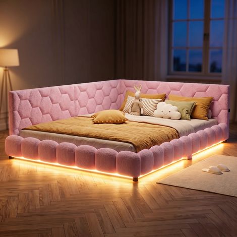 Canapé lit 140×200 –  Lit  adulte – Éclairage LED - port USB -  velours Rose -  confort moderne –  Sommier à lattes (1/5)