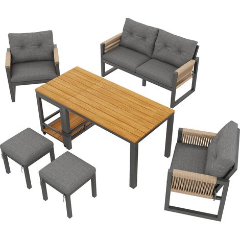 Set de salon modulaire pour l’extérieur – Canapé 2 places + 2 fauteuils + 2 tabourets + table amovible, cadre en fer robuste, accoudoirs tressés, coussins épais – Idéal pour jardin, terrasse et balcon
