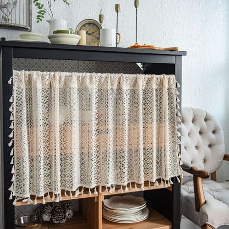 Rideau court bohème, demi-rideau en dentelle creuse à pampilles, 150x60cm, beige (1/5)