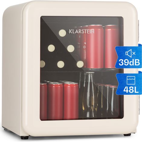 Klarstein Mini Kühlschrank mit Glastür, 48L Mini-Kühlschrank für Zimmer und Büro, Getränkekühlschrank Klein mit Herausnehmbarer Ablage, Kleiner Kühlschrank, Indoor/Outdoor Kühlschrank Leise 0-10°C