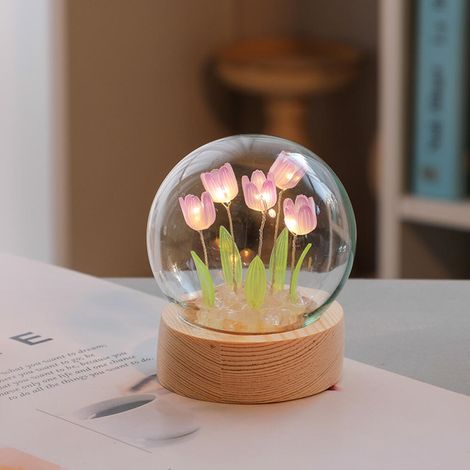 Blumenlampe, Kristallkugellampe, Tulpen-Nachtlicht, Wohnaccessoire, Nachttischlampe, Kugellampe fürs Büro, Schlafzimmer (1/4)